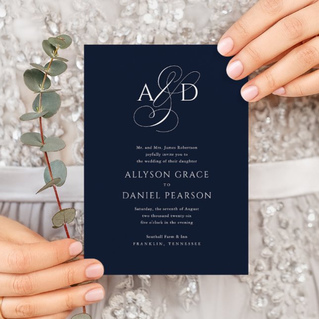 Elegant Initial Script Monogram Navy Blue Wedding Invitation (Creator Uploaded)
