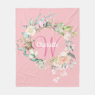 Elegant Initial Script Monogram Summer Roses Pink Fleece Blanket