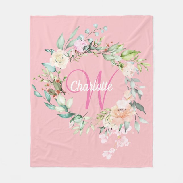 Elegant Initial Script Monogram Summer Roses Pink Fleece Blanket (Front)