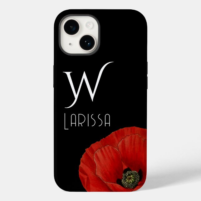 Elegant Initialled Red Poppy on Black  Case-Mate iPhone Case (Back)