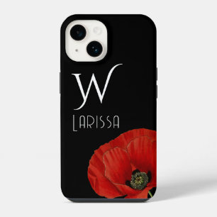 Elegant Initialled Red Poppy on Black iPhone 14 Case