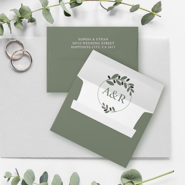 Elegant initials and olive branches wedding envelope (Creator Uploaded)