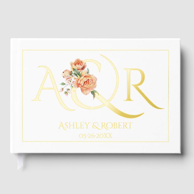 Elegant initials and peach roses wedding foil guest book (Front)