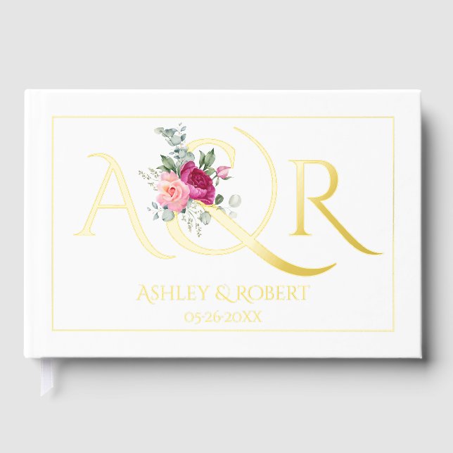 Elegant initials and pink roses wedding foil guest book (Front)
