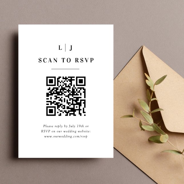 Elegant Initials Black and White Wedding QR Code RSVP Card (Elegant initials black and white QR code RSVP card makes guest responses quick and stylish)