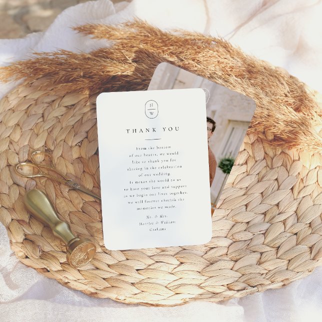 Elegant Initials Black & White Photo Wedding Thank You Card (Card Front & Back Mock-up)