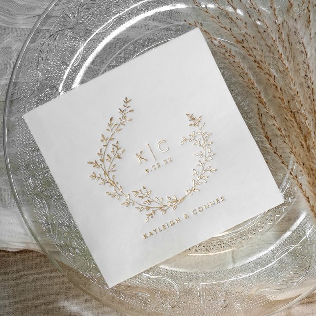 Elegant Initials Botanical Gold Classy Wedding Foil Napkins (Custom Wedding Napkins - Gold foil stamped personalized elegant wedding napkins with a boho wreath)