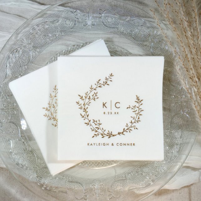 Elegant Initials Botanical Gold Classy Wedding Foil Napkins (Personalized wedding napkins - foil stamped with monogram and names in gold, silver or rose gold.)