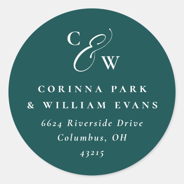 Elegant initials dark teal green wedding address classic round sticker (Front)