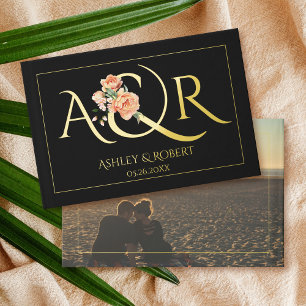 Elegant initials, peach roses wedding black photo guest book
