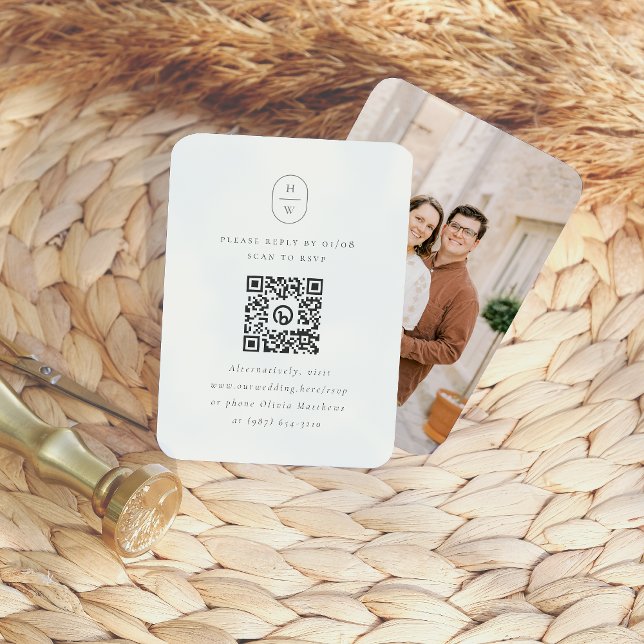 Elegant Initials Photo QR Code Wedding RSVP Enclosure Card (Card Front & Back Mock-up)