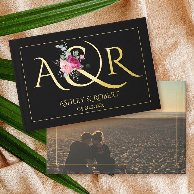 Elegant initials, pink roses black wedding photo guest book (Creator Uploaded)