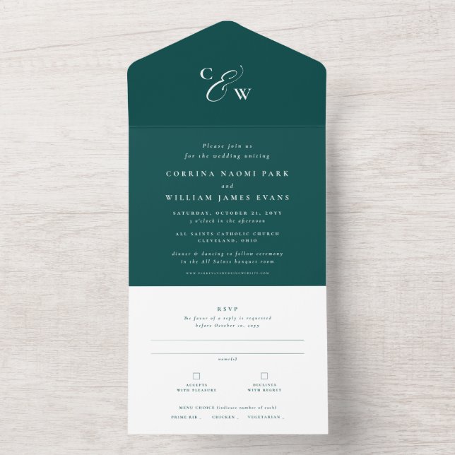 Elegant initials simple dark teal wedding all in one invitation (Inside)