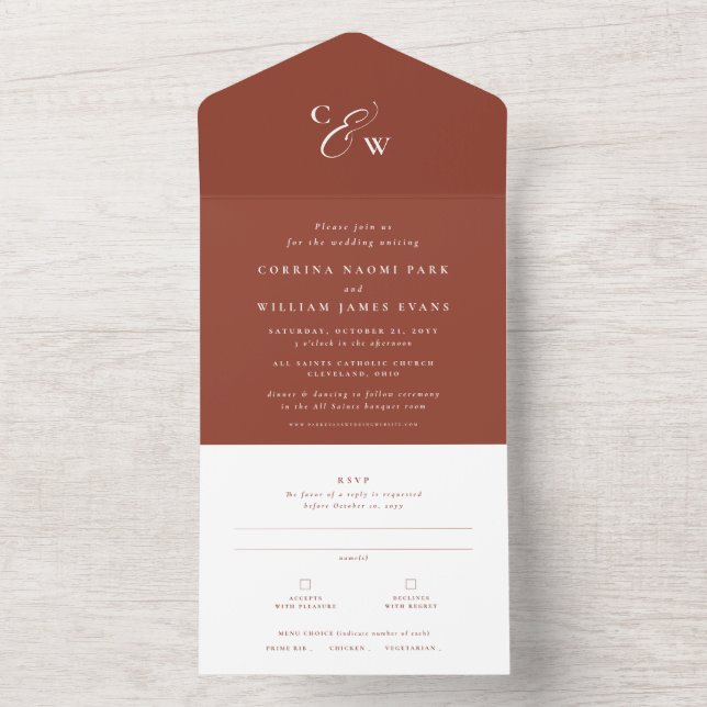 Elegant initials simple terracotta rust wedding all in one invitation (Inside)