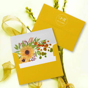 Elegant initials yellow sunflowers fall wedding envelope