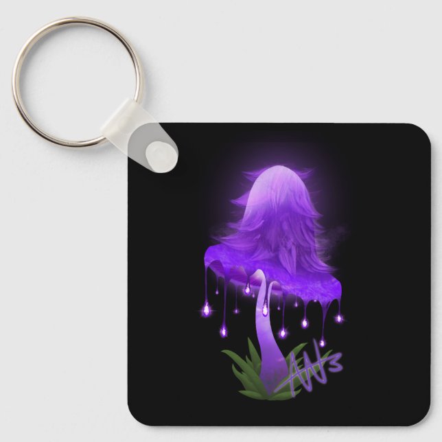 Elegant Inky Cap Glowing Purple Mushroom metal Key Ring (Front)