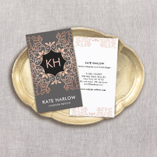 Elegant Interior Design Rose Gold Ornate Monogram Business Card