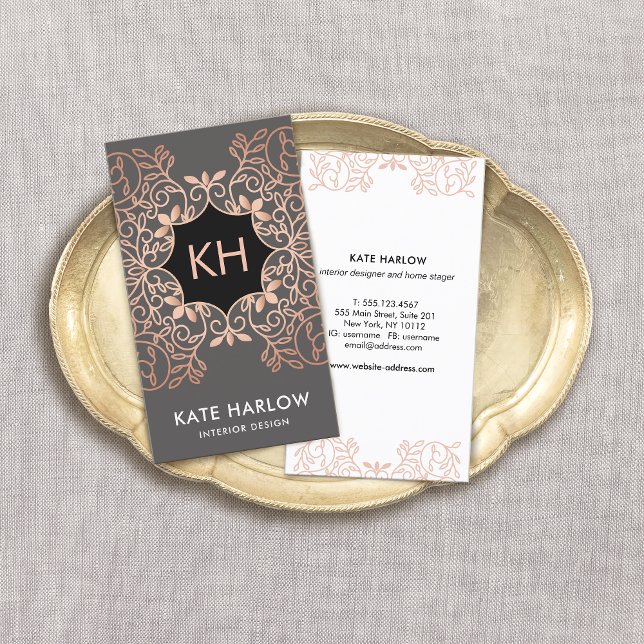Elegant Interior Design Rose Gold Ornate Monogram Business Card (Creator Uploaded)