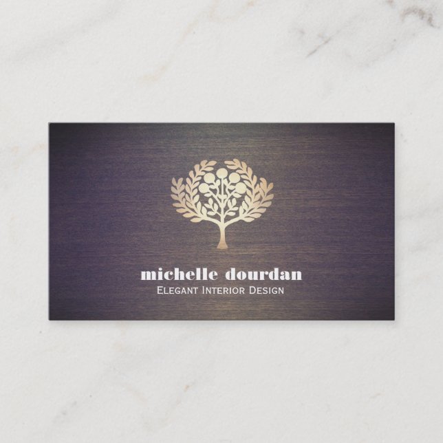 Elegant Interior Designer Faux Gold Leaf Tree Wood Business Card (Front)