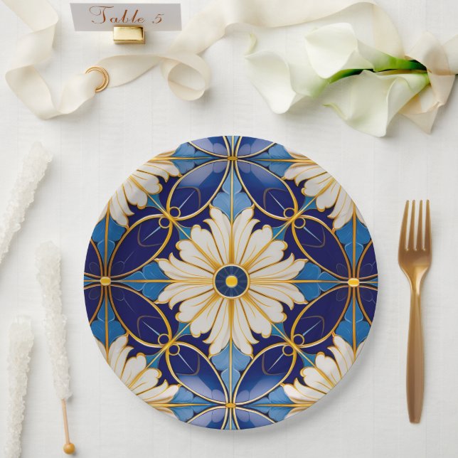Elegant Intricate Art Deco Gold Deep-Blue Floral Paper Plate (Wedding)