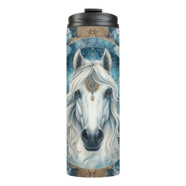 Elegant Intricate White Horse Head Mandala  Thermal Tumbler (Front)