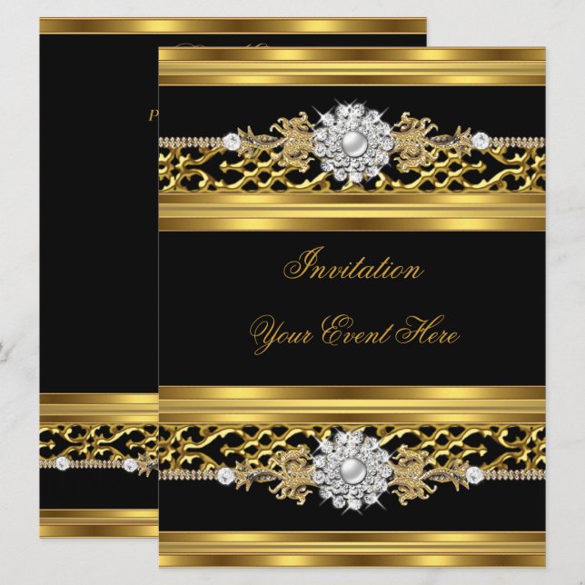 Elegant Invitation Black Lace Gold Jewel (Front/Back)