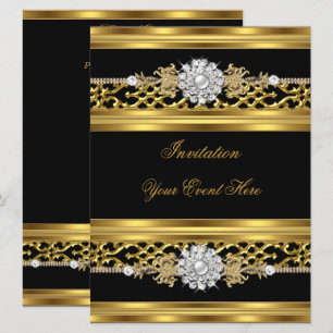 Elegant Invitation Black Lace Gold Jewel