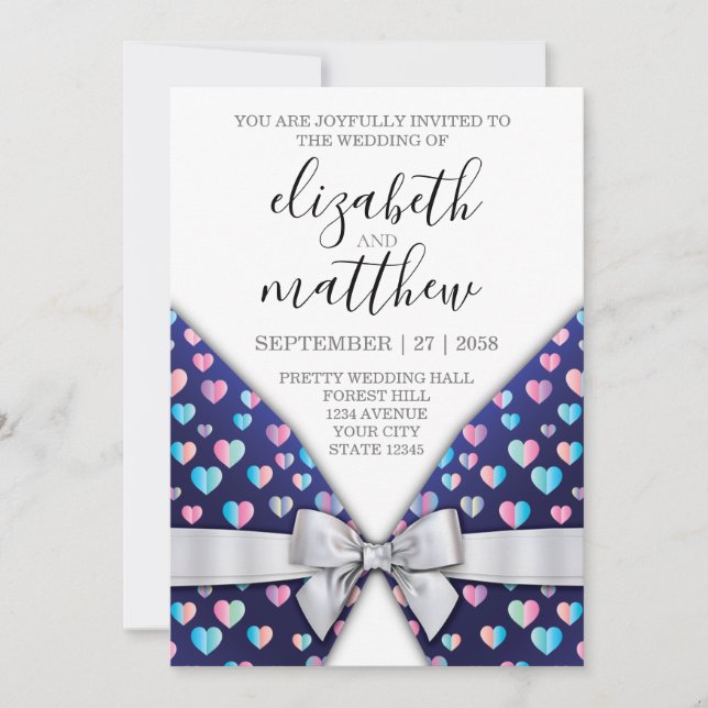 Elegant Invitation Card Bow and Heart Speckles Des (Front)