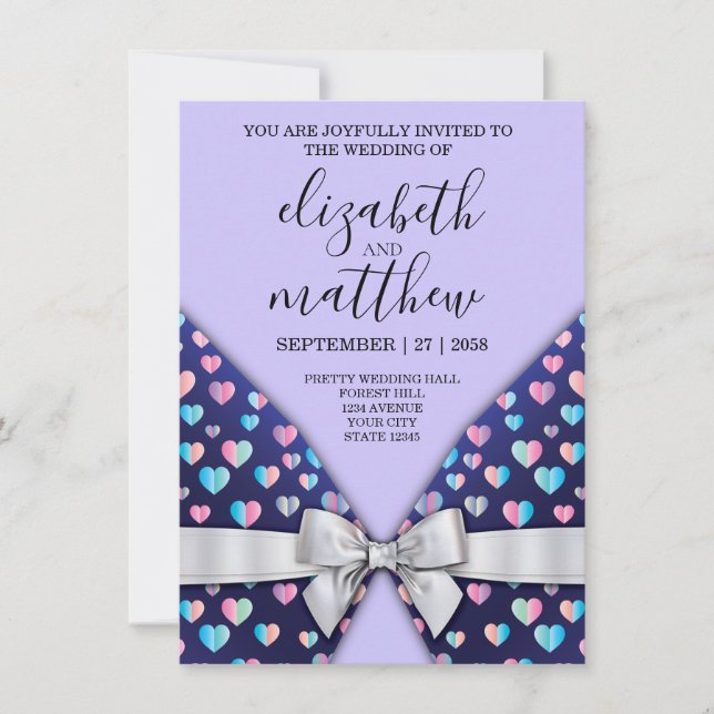 Elegant Invitation Postcard Bow and Heart Speckles (Front)