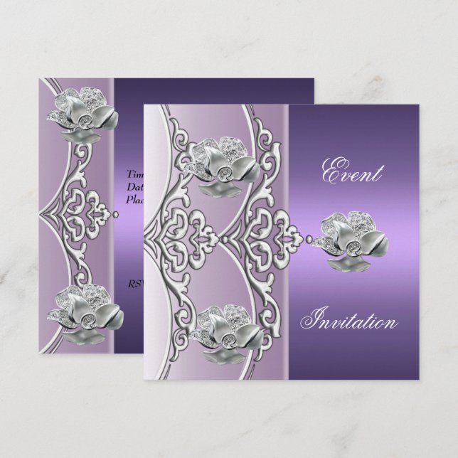 Elegant Invitation Purple Mauve Silver Floral (Front/Back)