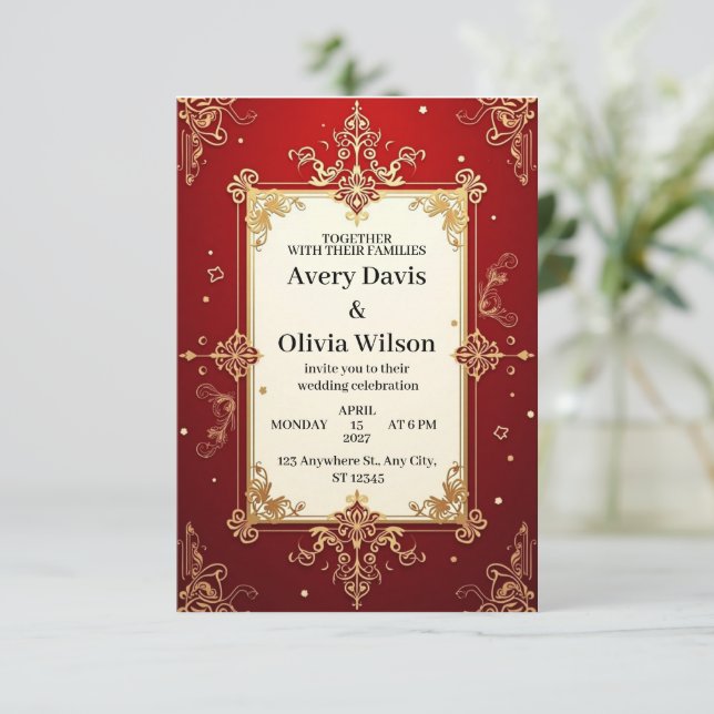 Elegant invitation with a bold red background. (Standing Front)