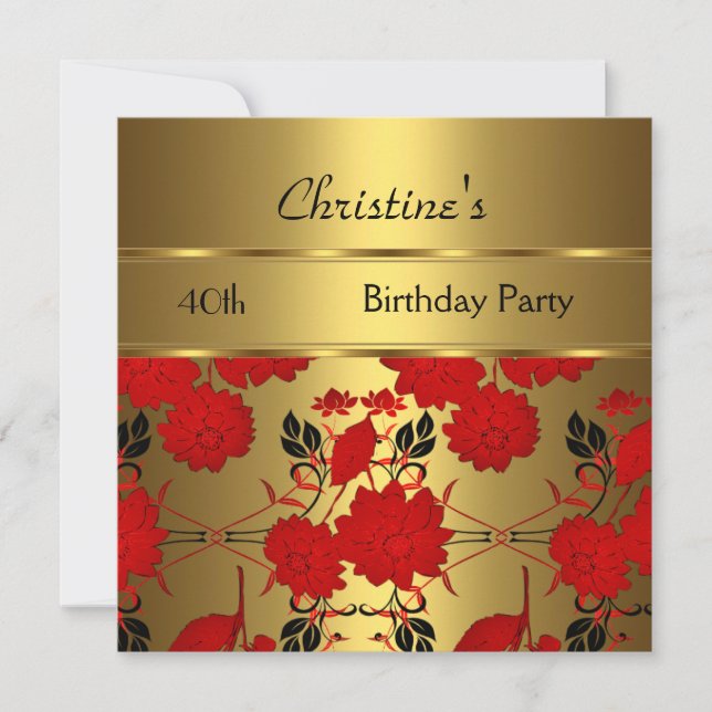 Elegant Invite 40th Birthday Party Gold Red Floral (Front)