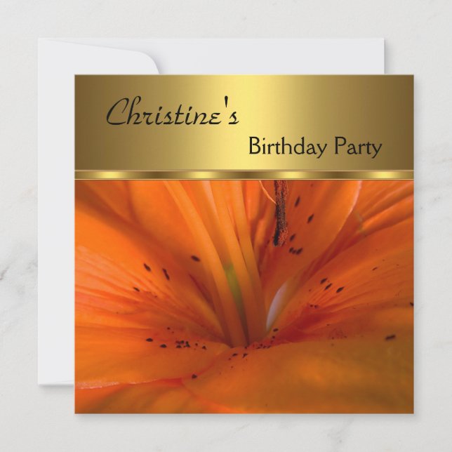 Elegant Invite Birthday Party Gold Orange Flower (Front)
