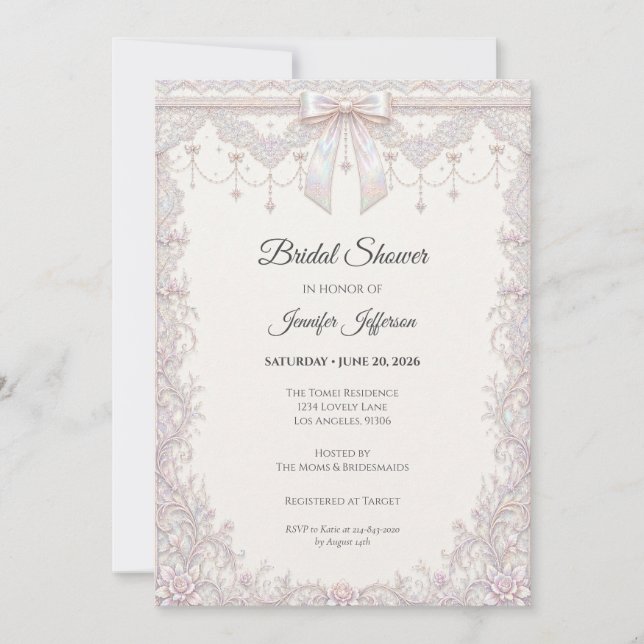 Elegant Iridescent Bow Bridal Shower Invitation (Front)