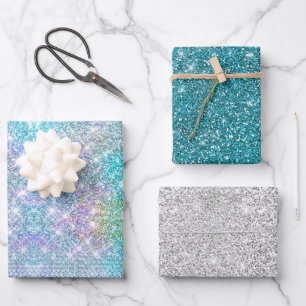 Elegant iridescent faux turquoise rhinestones wrapping paper sheet