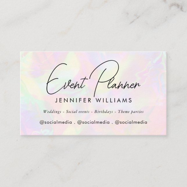 Elegant Iridescent Holographic Event Planner Business Card (Front)