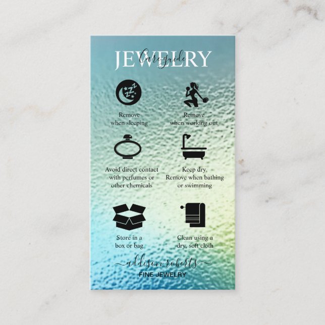 Elegant Iridescent Holographic Jewellery Care   Bu Business Card (Front)