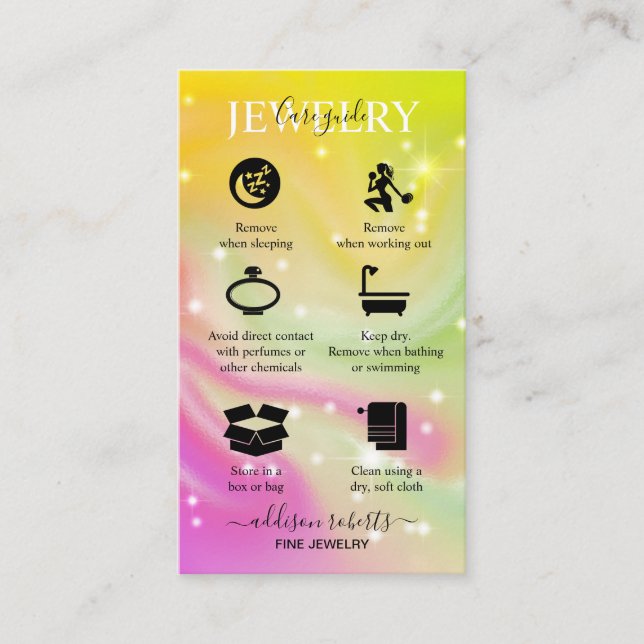 Elegant Iridescent Holographic Jewellery Care   Business Card (Front)
