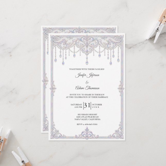 Elegant Iridescent Lace Bow Wedding Invitation (Front/Back In Situ)