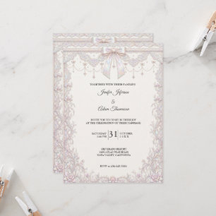 Elegant Iridescent Lace Bow Wedding Invitation