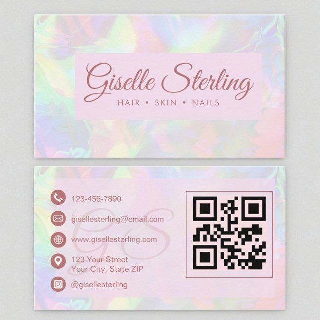 Elegant Iridescent Opal Stone Rose Script QR Code Business Card (Creator Uploaded)