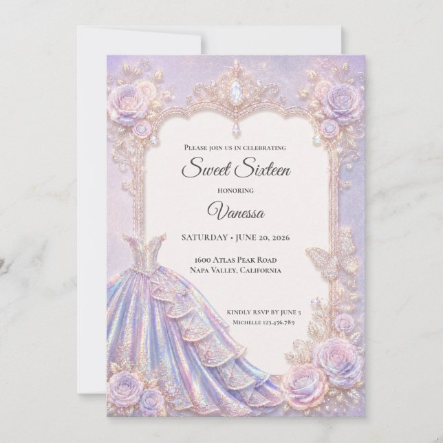 Elegant Iridescent Princess Sweet 16 Invitation (Front)