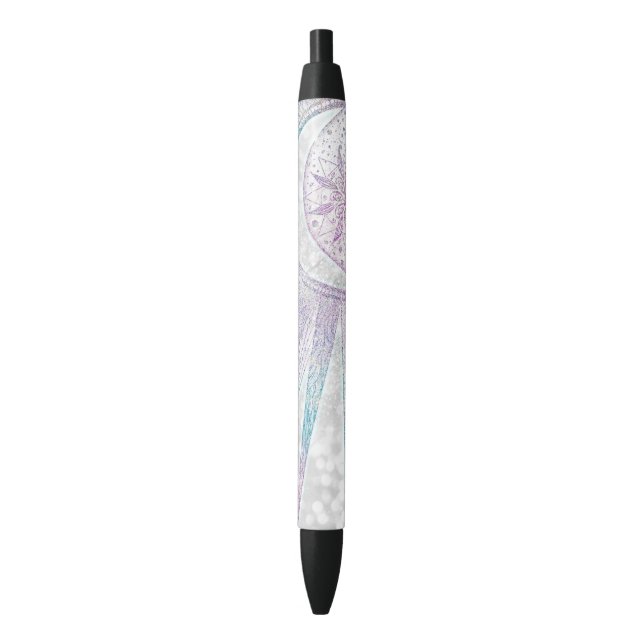 Elegant Iridescent Sun Moon Mandala Silver Design Black Ink Pen (Front Vertical)