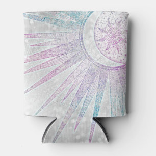 Elegant Iridescent Sun Moon Mandala Silver Design Can Cooler