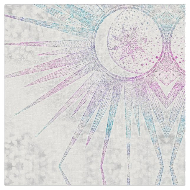 Elegant Iridescent Sun Moon Mandala Silver Design Fabric (Close Up)