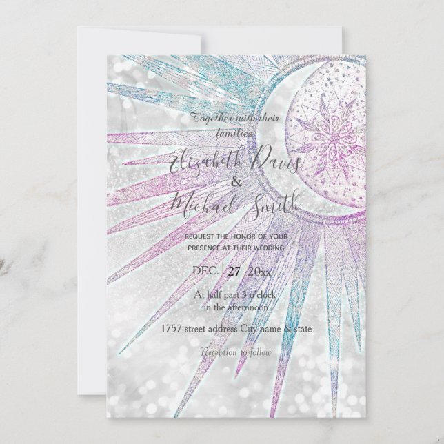 Elegant Iridescent Sun Moon Mandala Silver Design Invitation (Front)