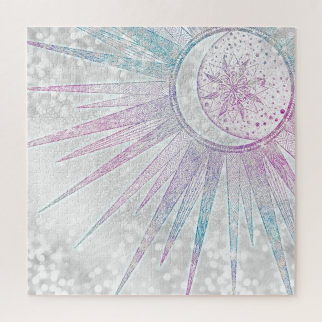 Elegant Iridescent Sun Moon Mandala Silver Design Jigsaw Puzzle (Vertical)