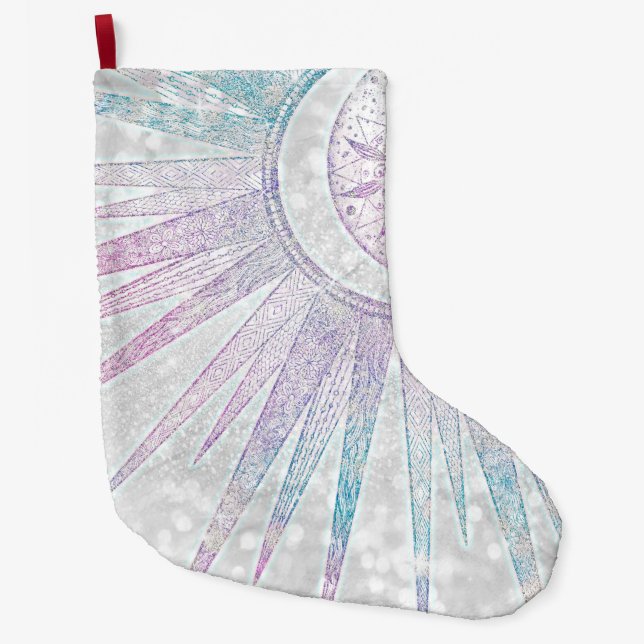 Elegant Iridescent Sun Moon Mandala Silver Design Large Christmas Stocking (Front)