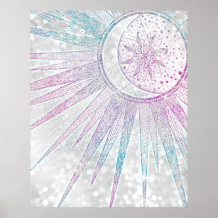 Elegant Iridescent Sun Moon Mandala Silver Design Poster