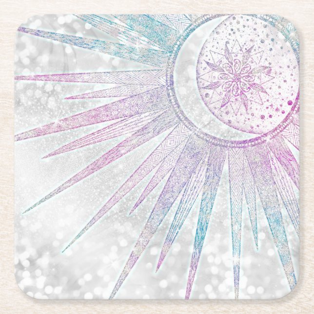 Elegant Iridescent Sun Moon Mandala Silver Design Square Paper Coaster (Front)
